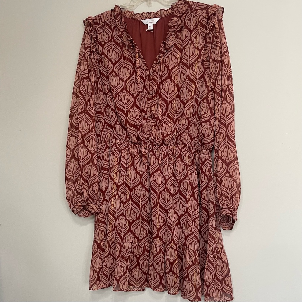 LC Lauren Conrad Burgundy ~ Patterned Long Sleeve Dress ~ Size XL~Ruffle‎